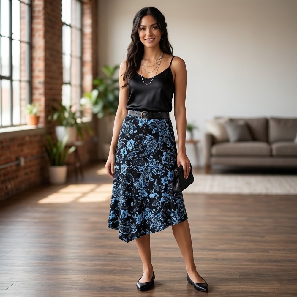 Vintage Jaclyn Smith Y2K Whimsigoth Paisley Floral Midi Skirt Blue Black Small